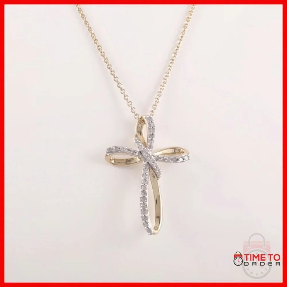 14K Gold Plated Sterling Silver Diamond Cross Pendant Necklace 18